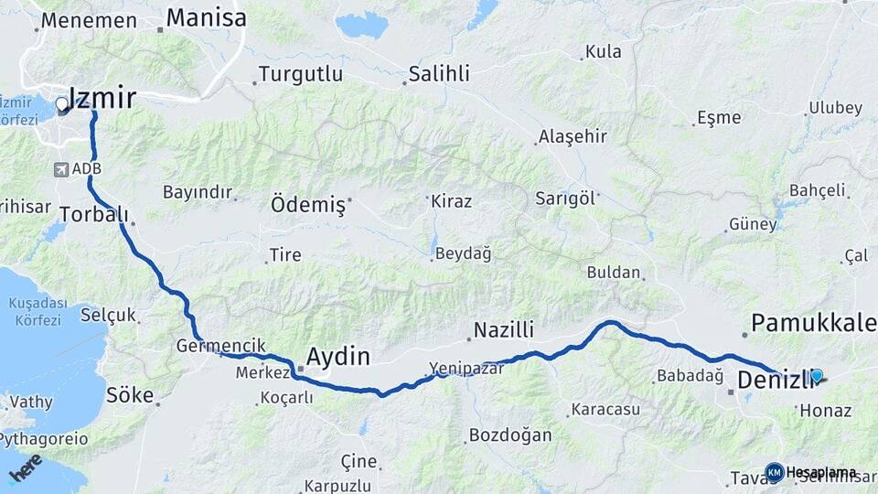 Denizli Honaz Kocabaş İzmir Arası Kaç Km - Yol Haritası