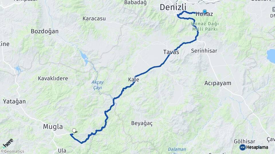 Denizli Honaz Muğla Arası Kaç Km - Yol Haritası