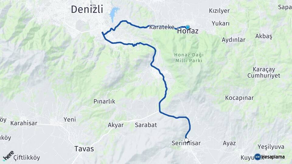 Denizli Honaz Serinhisar Arası Kaç Km - Yol Haritası