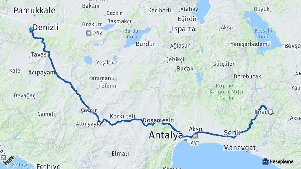 Denizli İbradı Antalya Arası Kaç Km - Yol Haritası