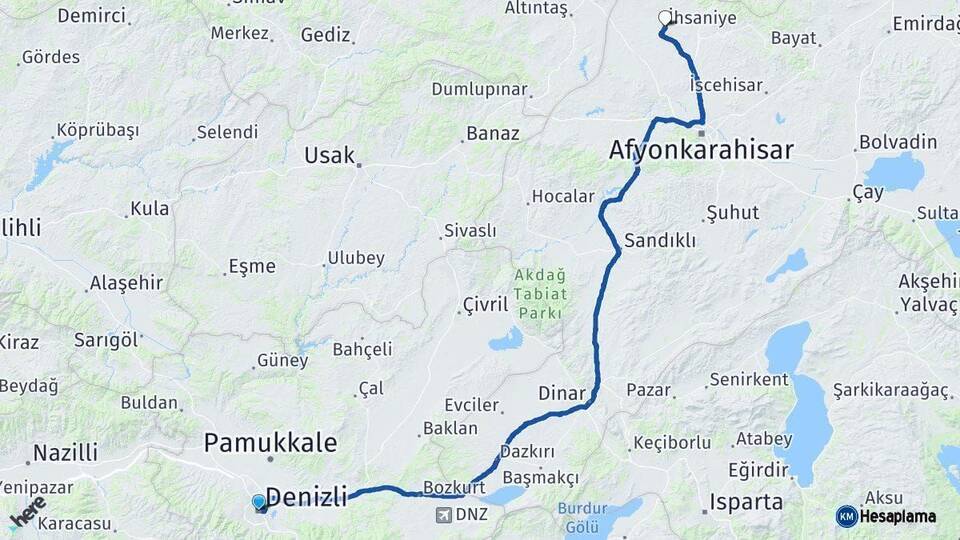 Denizli İhsaniye Afyonkarahisar Arası Kaç Km - Yol Haritası