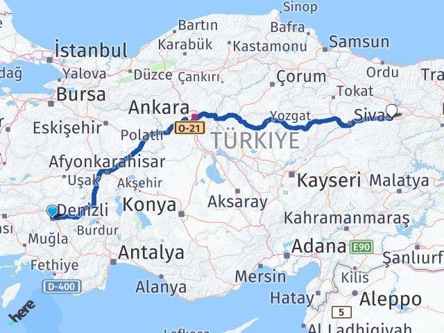 Denizli İmranlı Sivas Arası Kaç Km - Yol Haritası