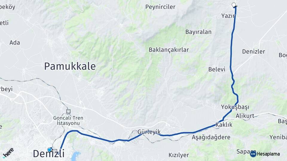 Denizli İsabey Çal Arası Kaç Km - Yol Haritası