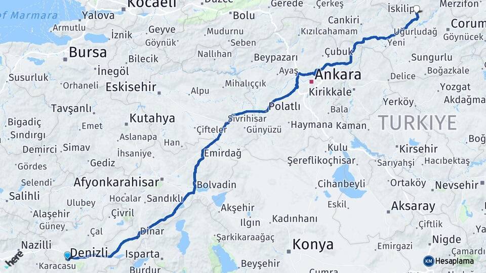 Denizli İskilip Çorum Arası Kaç Km - Yol Haritası