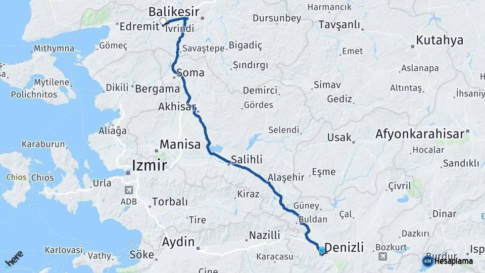 Denizli İvrindi Balıkesir Arası Kaç Km - Yol Haritası