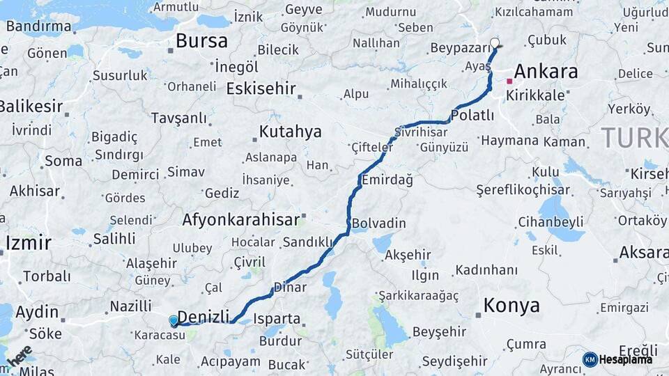 Denizli Kahramankazan Ankara Arası Kaç Km - Yol Haritası