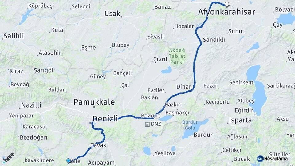 Denizli Kale Afyonkarahisar Arası Kaç Km - Yol Haritası