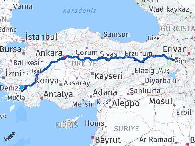 Denizli Kale Ağrı Arası Kaç Km - Yol Haritası