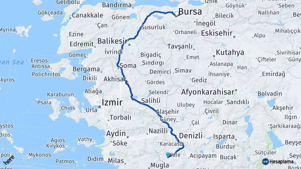 Denizli Kale Bursa Arası Kaç Km - Yol Haritası