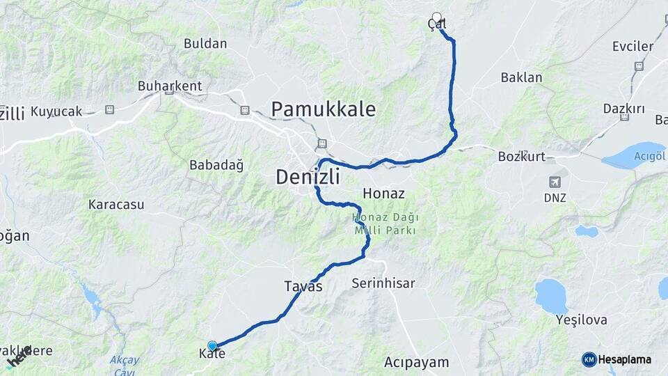 Denizli Kale Çal Arası Kaç Km - Yol Haritası