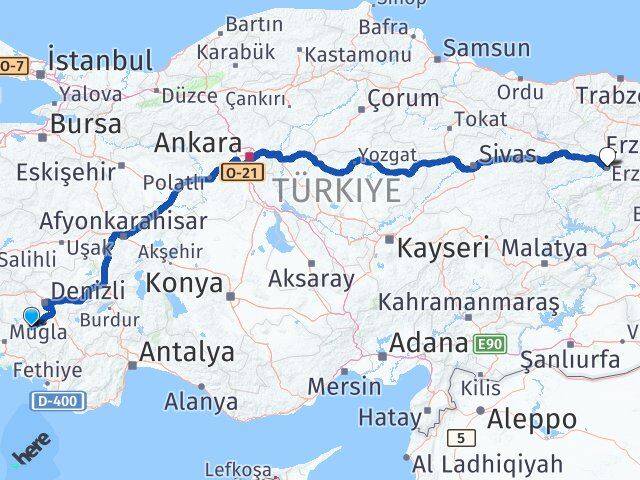 Denizli Kale Erzincan Arası Kaç Km - Yol Haritası
