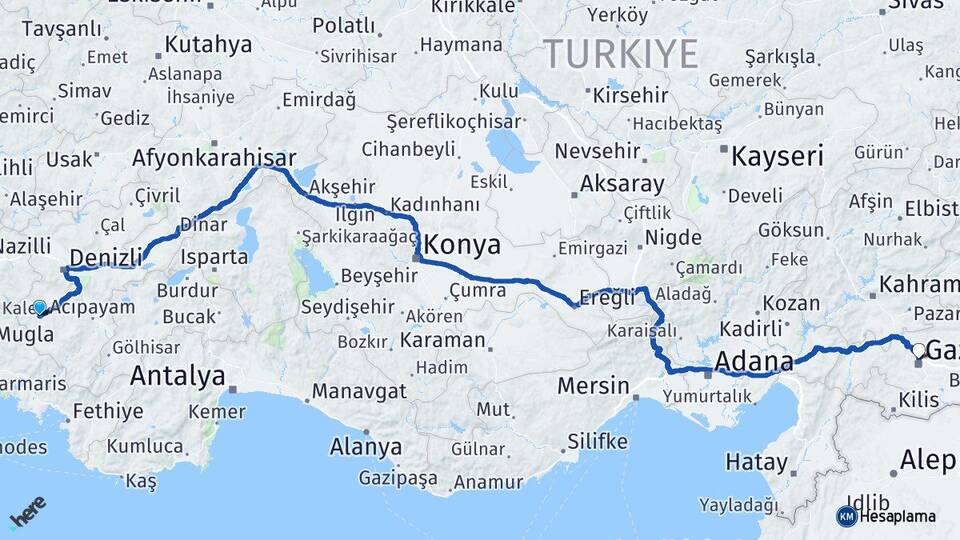 Denizli Kale Gaziantep Arası Kaç Km - Yol Haritası