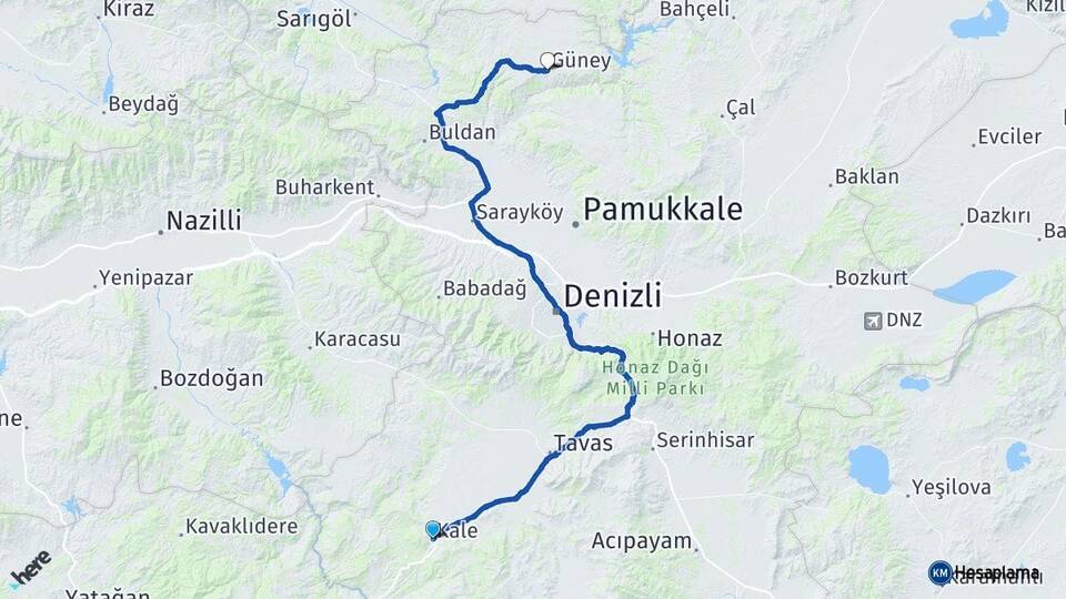 Denizli Kale Güney Arası Kaç Km - Yol Haritası