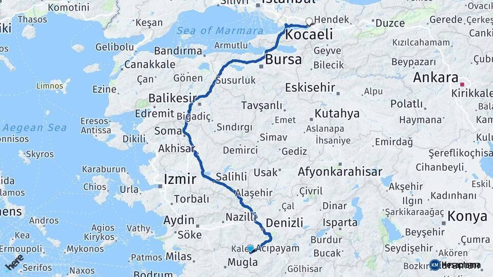 Denizli Kale Kocaeli Arası Kaç Km - Yol Haritası