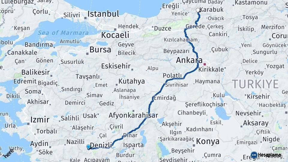 Denizli Karabük Arası Kaç Km - Yol Haritası