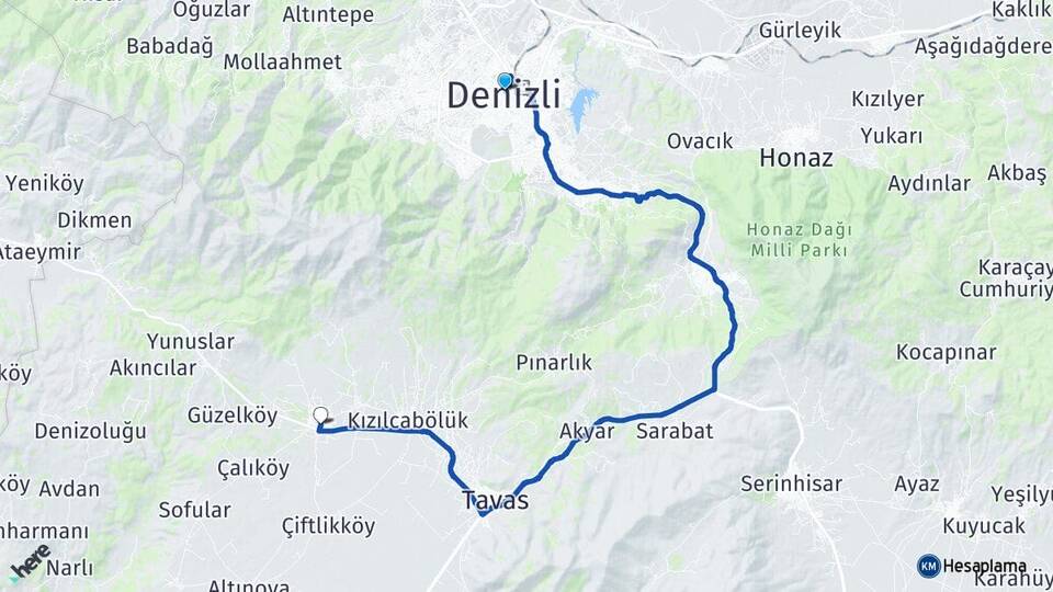Denizli Karahisar Tavas Arası Kaç Km - Yol Haritası