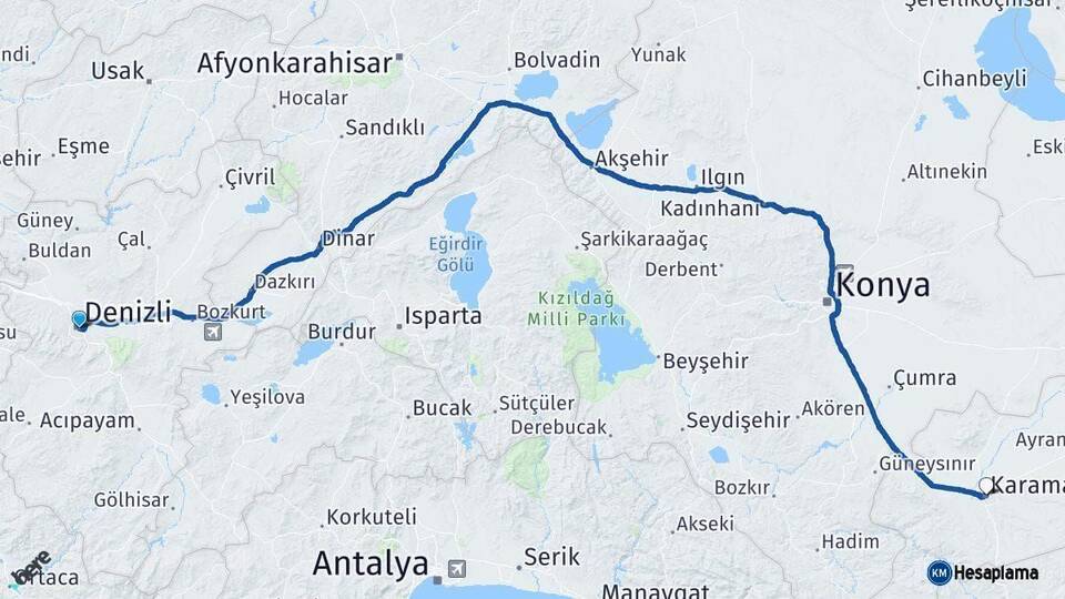 Denizli Karaman Arası Kaç Km - Yol Haritası