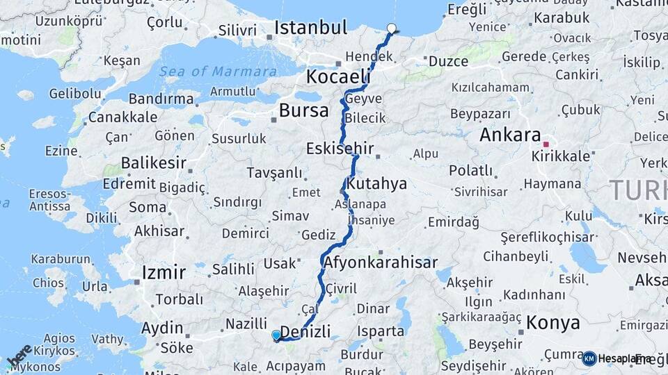 Denizli Karasu Sakarya Arası Kaç Km - Yol Haritası