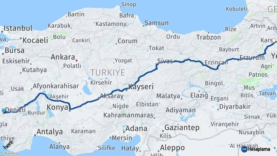 Denizli Kars Arası Kaç Km - Yol Haritası