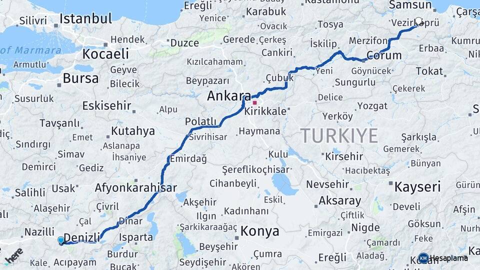 Denizli Kavak Samsun Arası Kaç Km - Yol Haritası