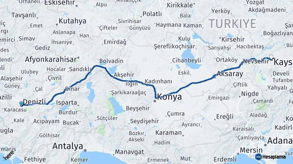 Denizli Kayseri Arası Kaç Km - Yol Haritası