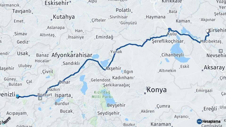 Denizli Kırşehir Arası Kaç Km - Yol Haritası