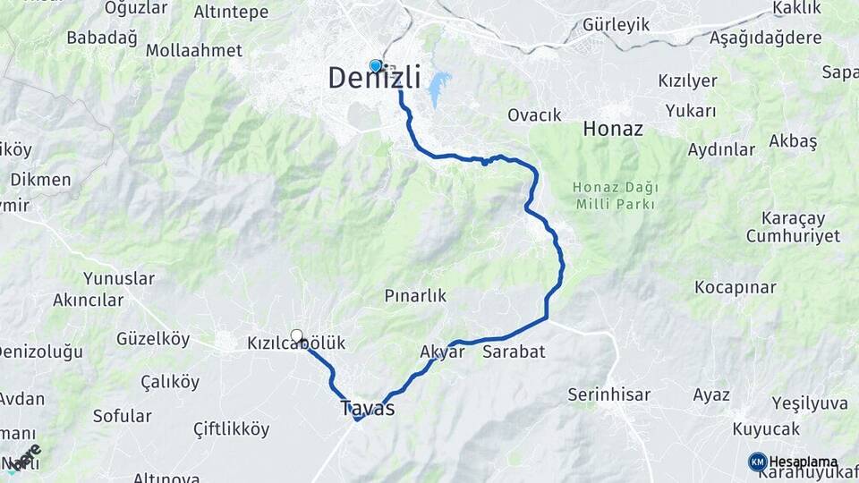 Denizli Kızılcabölük Tavas Arası Kaç Km - Yol Haritası