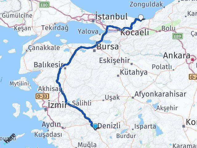 Denizli Kocaali Sakarya Arası Kaç Km - Yol Haritası