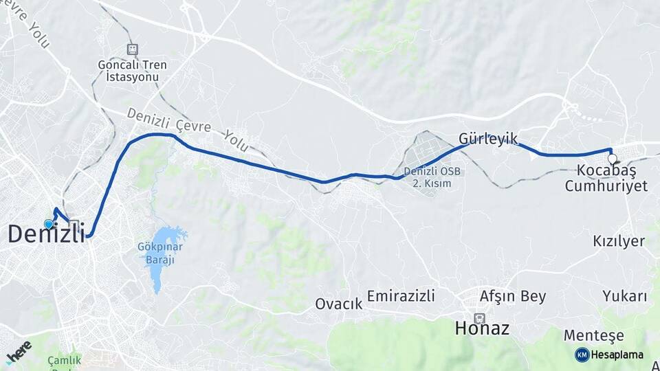 Denizli Kocabaş Honaz Arası Kaç Km - Yol Haritası