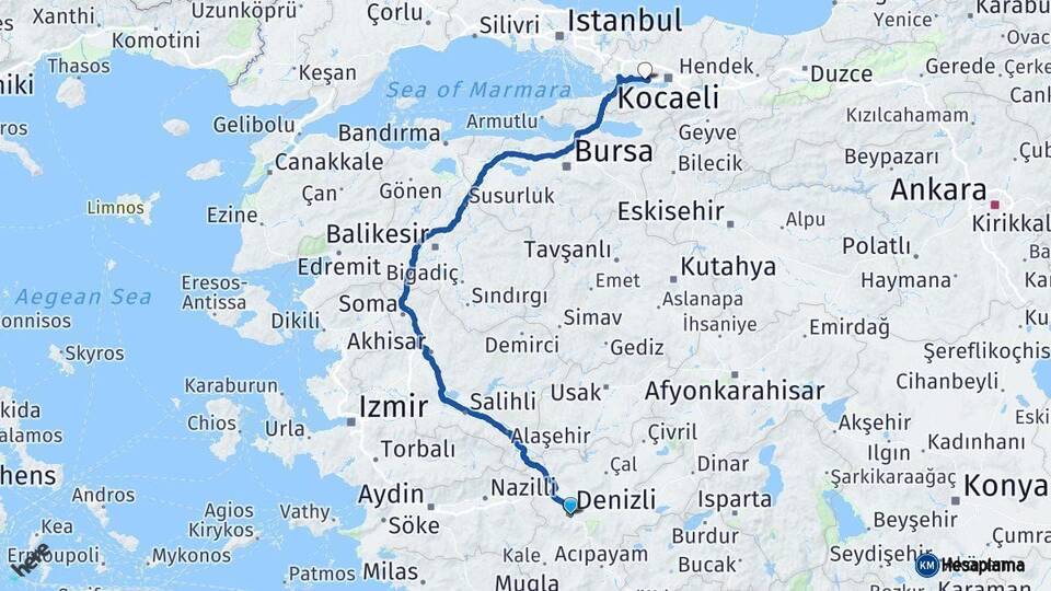 Denizli Körfez Kocaeli Arası Kaç Km - Yol Haritası