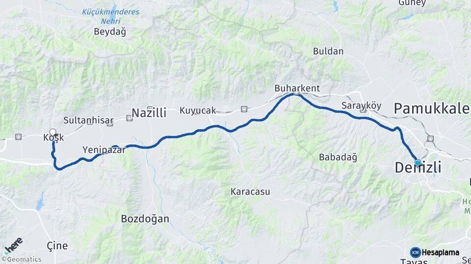 Denizli Köşk Aydın Arası Kaç Km - Yol Haritası