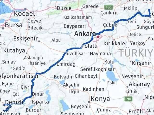 Denizli Laçin Çorum Arası Kaç Km - Yol Haritası