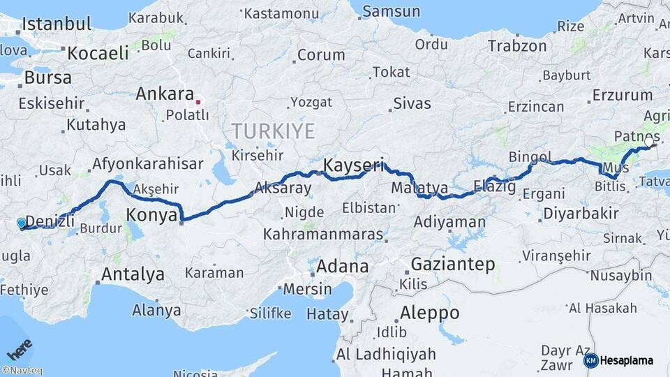 Denizli Malazgirt Muş Arası Kaç Km - Yol Haritası