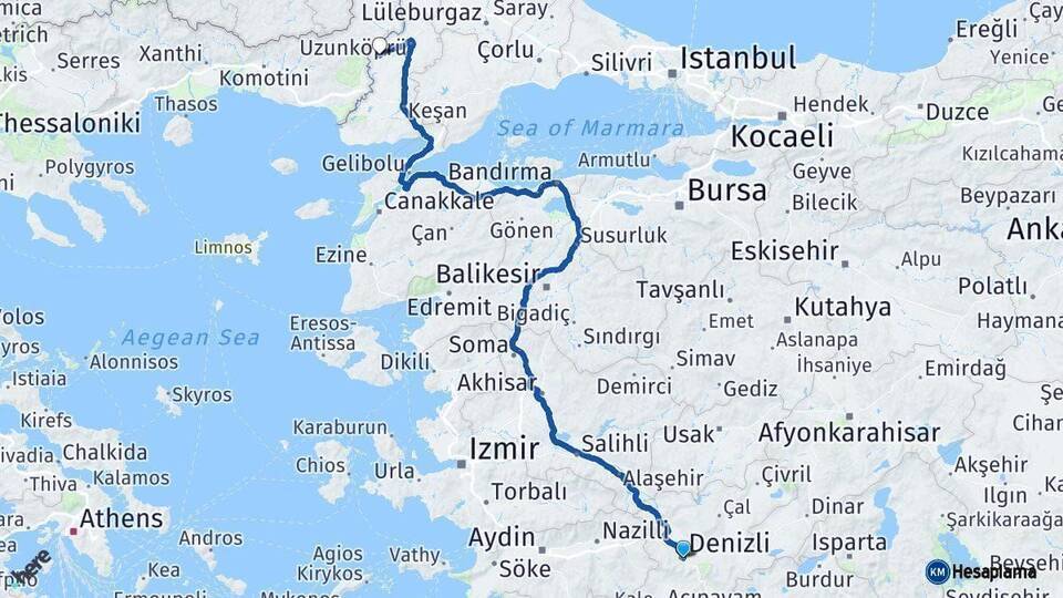 Denizli Meriç Arası Kaç Km - Yol Tarifi