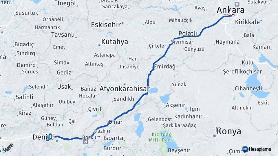 Denizli Merkezefendi Ankara Arası Kaç Km - Yol Haritası