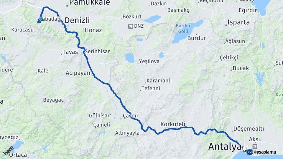 Denizli Merkezefendi Antalya Arası Kaç Km - Yol Haritası