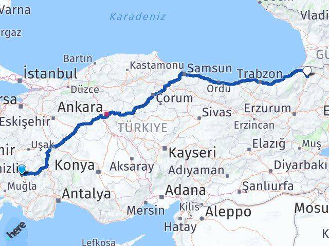 Denizli Merkezefendi Artvin Arası Kaç Km - Yol Haritası