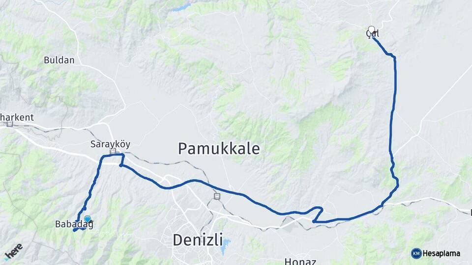 Denizli Merkezefendi Çal Arası Kaç Km - Yol Haritası