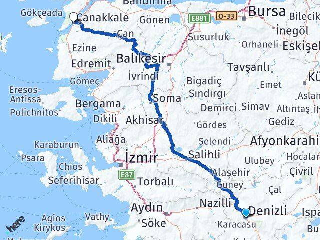 Denizli Merkezefendi Çanakkale Arası Kaç Km - Yol Haritası