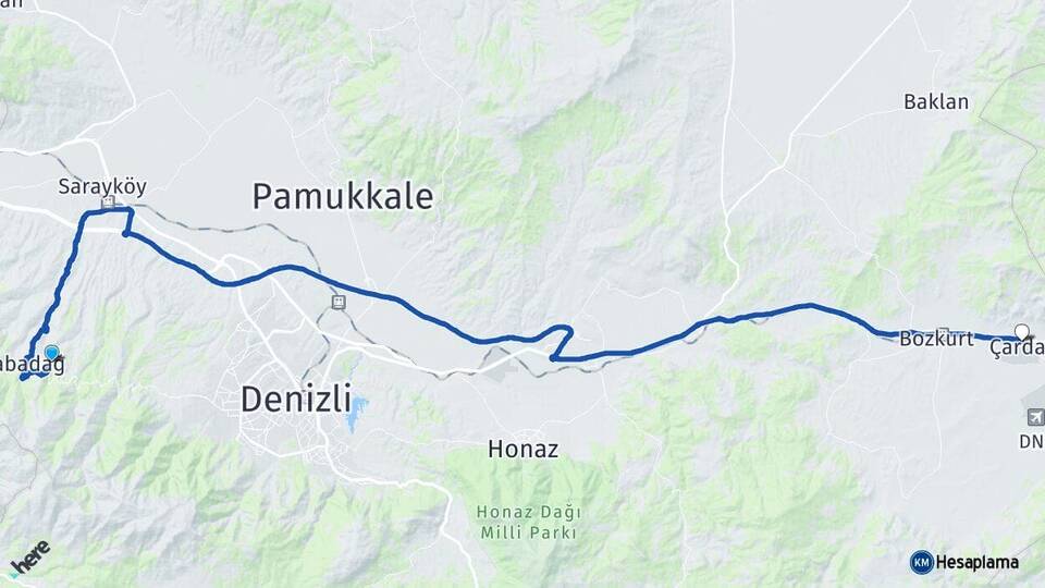 Denizli Merkezefendi Çardak Arası Kaç Km - Yol Haritası