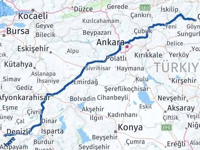 Denizli Merkezefendi Çorum Arası Kaç Km - Yol Haritası