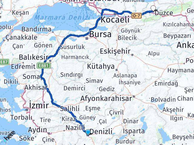 Denizli Merkezefendi Düzce Arası Kaç Km - Yol Haritası