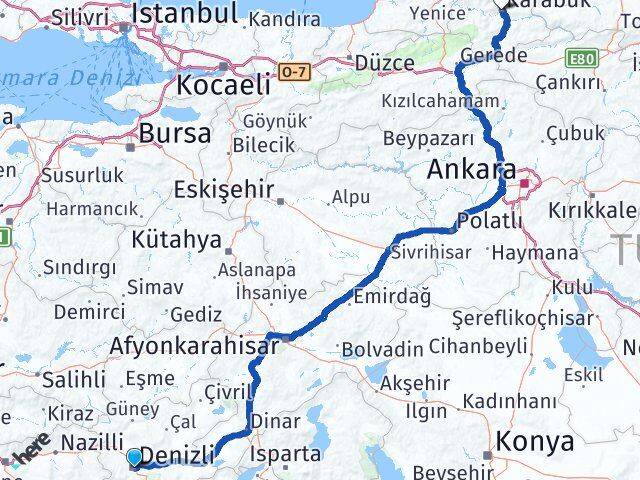 Denizli Merkezefendi Karabük Arası Kaç Km - Yol Haritası