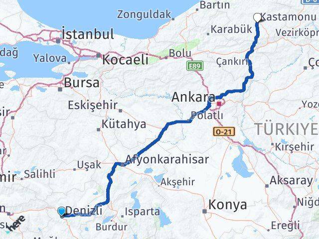 Denizli Merkezefendi Kastamonu Arası Kaç Km - Yol Haritası
