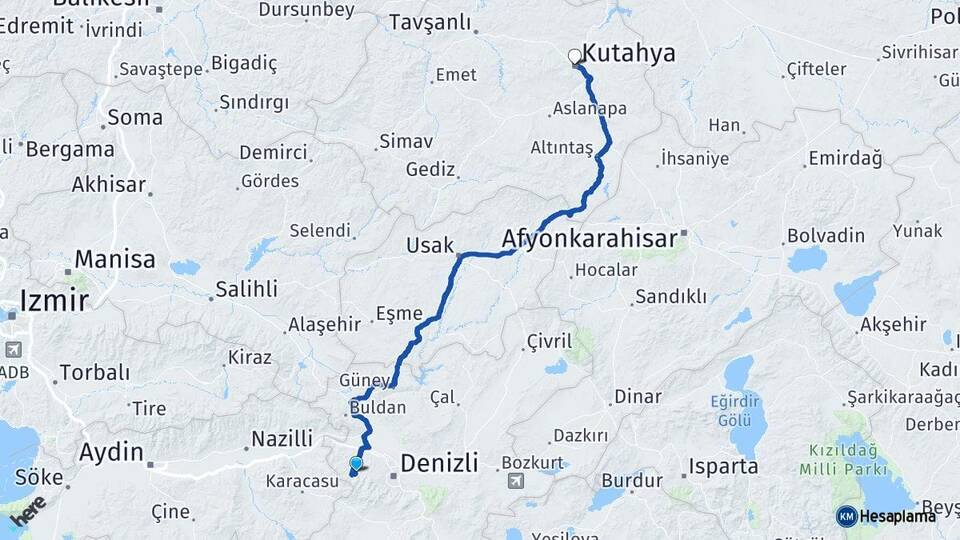 Denizli Merkezefendi Kütahya Arası Kaç Km - Yol Haritası