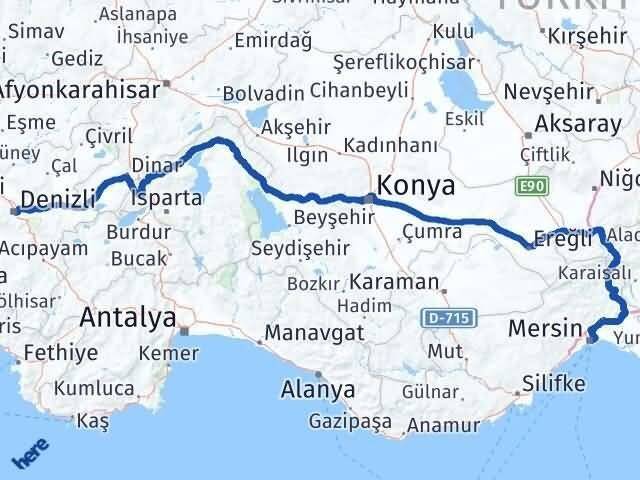 Denizli Merkezefendi Mersin Arası Kaç Km - Yol Haritası