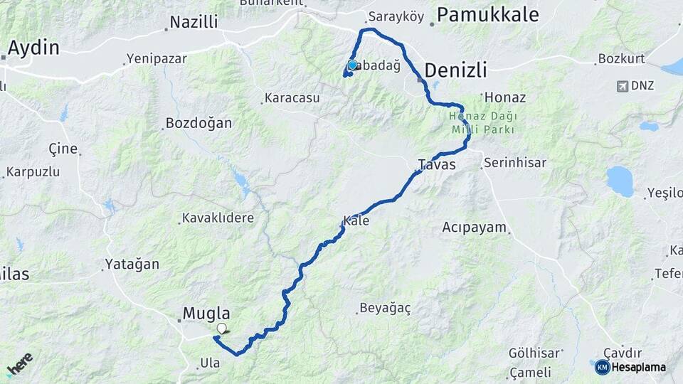 Denizli Merkezefendi Muğla Arası Kaç Km - Yol Haritası