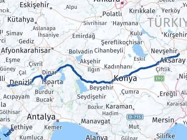 Denizli Merkezefendi Nevşehir Arası Kaç Km - Yol Haritası