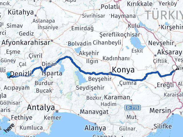 Denizli Merkezefendi Niğde Arası Kaç Km - Yol Haritası