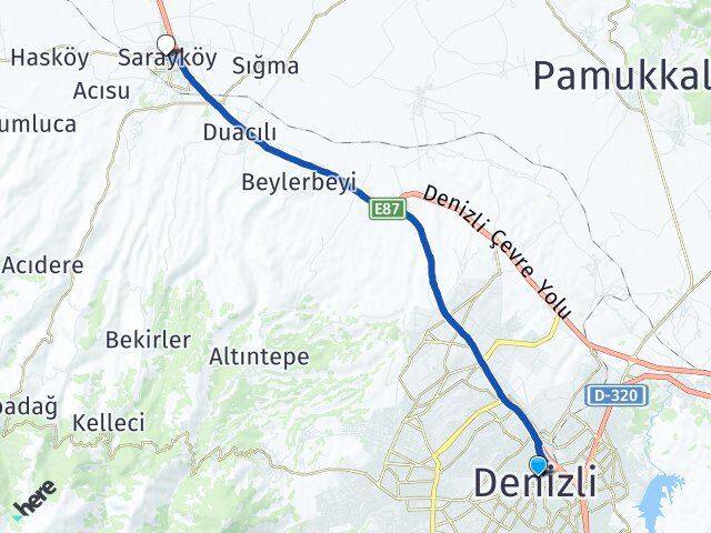 Denizli Merkezefendi Sarayköy Arası Kaç Km - Yol Haritası